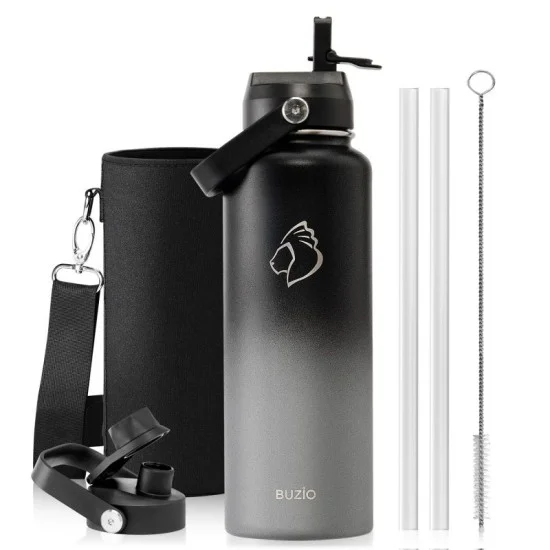 Buzio Duet Series Water Bottle with 2 Lids and Sleeve 1.2L - Shadow